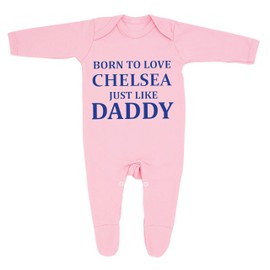 "Chelsea Baby Sleepsuit - 'Born To Love Chelsea Just Like Daddy - Soft 100% Combed Cotton Football-Themed Baby Sleepsuit for Football Fans" (6-12 Months, Pink)