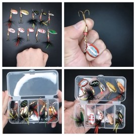 Joyeee 10 Pcs Fishing Lures Kit with Storage Box, Hard Metal Rotating Sequins Spinner Baits Spoons Lure Kit with Triple Fishing Hooks for Bass Trout Salmon, Freshwater Saltwater Fishing Gears