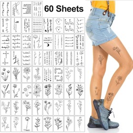 CARGEN Inspirational Words and Flowers Temporary Tattoos - 60 Sheets Small Single Stickers, 30 Pcs Wild Flower, 30 Pcs Single Line Motivational Words Simple handwritten Fake Tattoos for Women and Men