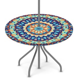 Peaom Colorful Teal Blue Orange Mandala Outdoor Tablecloth with Umbrella Hole, Round Elastic Fitted Table Cloth with Zipper, Waterproof Picnic Patio Table Covers Fits 36-44 in Tables