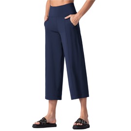 THE GYM PEOPLE Bootleg Yoga Capris Pants for Women Tummy Control High Waist Workout Flare Crop Pants with Pockets (Navy Blue, XX-Large)