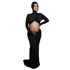 JustVH Women's Maternity Crossover Mock Neck Photoshoot Dress Split Mermaid Maxi Photography Gown for Baby Shower Black