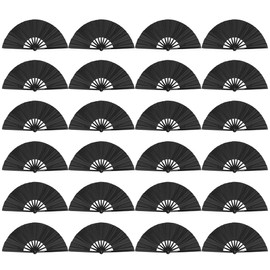 NKG 24 Pack Large Folding Hand Fan, Balck Chinese Kung Fu Tai Chi Fan Nylon-Cloth Fan for Men and Women Performance, Dance, Decorations, Festival, Gift (24, Black)