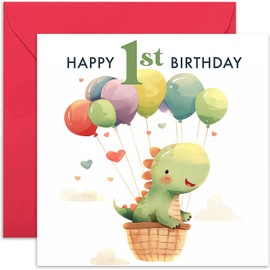 1st Birthday Card for Boys and Girls - Cute Dinosaur Balloons - Children Kids Happy Birthday Card Age 1 Year Old Boy or Girl - First Birthday Gifts for Him Her - Son, Daughter, Niece, Nephew