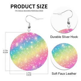 Swono Galaxy Fantasy and Pastel Color Round Faux Leather Earrings for Women Unicorn in Colorful Sky with Rainbow Star Glitter Lightweight Double-Side Printed Drop Dangle Earring for Birthday Gift