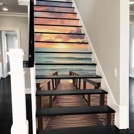 REDAMANCY Blue/Orange Sunset Landscape Pathway Wooden Trestle Peel and Stick Vinyl Stair Riser Decals Staircase Tile Stickers Decor Modern Marble Decoration Self-Adhesive(14 Pcs)