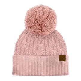 C.C Lurex Cable Pom Beanie for Women - Stretchable Soft Warm with Pom Knit Winter Skully Hat (Rose/Rose Metallic)