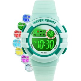 DTKID Digital Kids Watch 30 M Waterproof, 7 Color Lights Time Teaching Watch Easy to Read for Girls Boys 5-16
