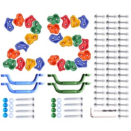 25 Pcs Colourful Pig Nose Shape Rock Climbing Holds with Blue & Green Auxiliary Handles, Indoor Outdoor Playground Wooden Play Set Build Exercise Toy Accessory - Mounting Hardware Kit Included