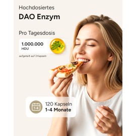 120 DAO capsules - 1,000,000 HDU per day - perfect dosage with 333,333 HDU/capsule (1 to 3 capsules/day) - DAO vegan - DAO enzyme from peas