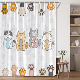 BCNEW Cartoon Cat Shower Curtain Cute Kitty with Fish Kitten Paw Print for Cat Lovers Funny Family Pet Animal Polyester Fabric Bathroom Decor 70×70 Inch with Hook