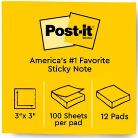 Post-it Notes 3x3 in, 12 Pads, America's #1 Favorite Sticky Notes, Canary Yellow, Clean Removal, Recyclable (654)