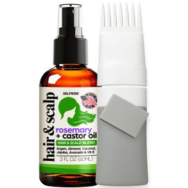 Organic Rosemary Oil For Hair Growth + Comb Applicator with Castor, Argan, Coconut, Almond, Jojoba, Avocado, Grapeseed, Vitamin E, Lavender & Peppermint for All Hair Types, Men & Women 2oz