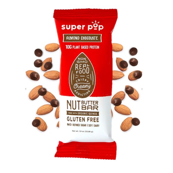Super Pop, Clean Plant Based Protein Bars, Almond Butter Bars, No Sugar Alcohols, Gut Friendly, Healthy Meal Replacement, Gluten Free, Low Carb Food, Dairy Free, 10g of Protein, Almond Chocolate (12 pack)