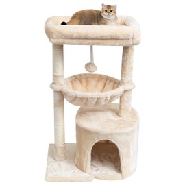 SYANDLVY Small Cat Tree for Indoor Cats, Kittens Condo with Scratching Post and Board, Modern Activity Tower with Cradle, Beige