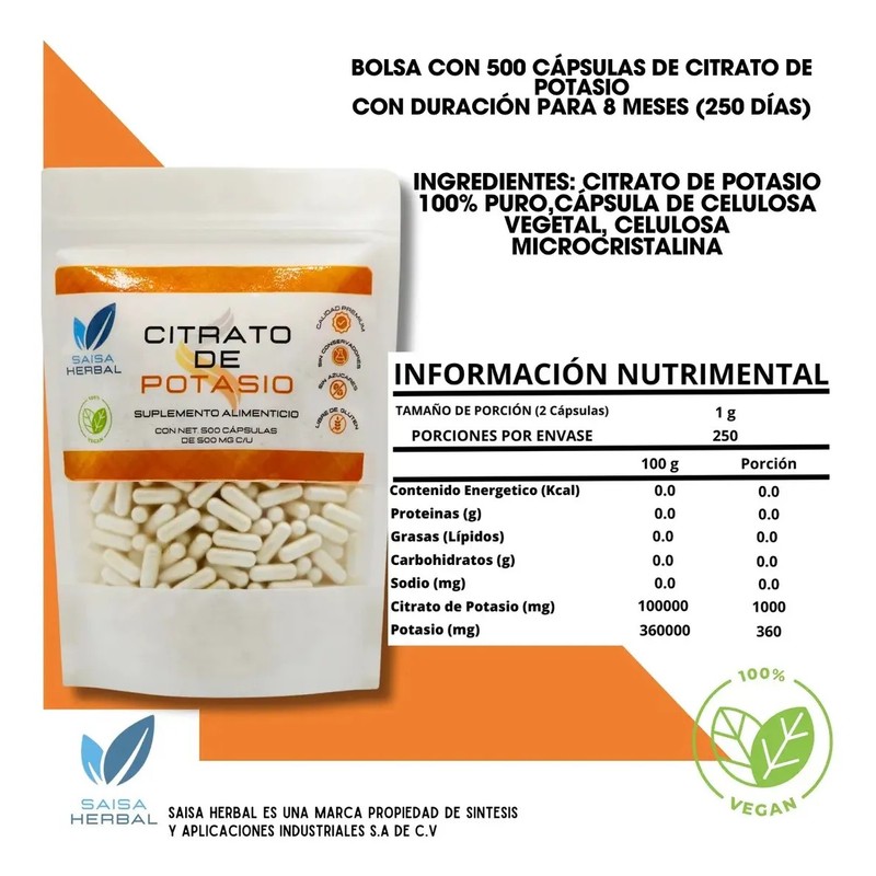 Citrato De Magnesio Y Citrato De Potasio 500 Cáps Cu