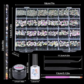 Nail Rhinestones Kit, 24 Types Special Shaped Diamonds for Nails, Flat-Bottomed 3D Crystal Stones with Gems Glue and Remover, 2pcs Tweezers, Drill Pen, Nail Brush and Crayon Drill Pen (AB Rhinestones)