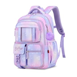 Tanou School Bags for Girls, Kawaii Backpack for School Girl Age 8 to 12, Breathable Water-Resistent Nylon Children's Backpacks with Pendant, Purple