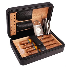 AMANCY Elegent Handmade Black Leather Cedar Wood Lined 4 Cigar Humidor Case with 3 Triple Jet Flame Cigar Lighter and Cutter，Suitable for Holding Large and Fat Cigars