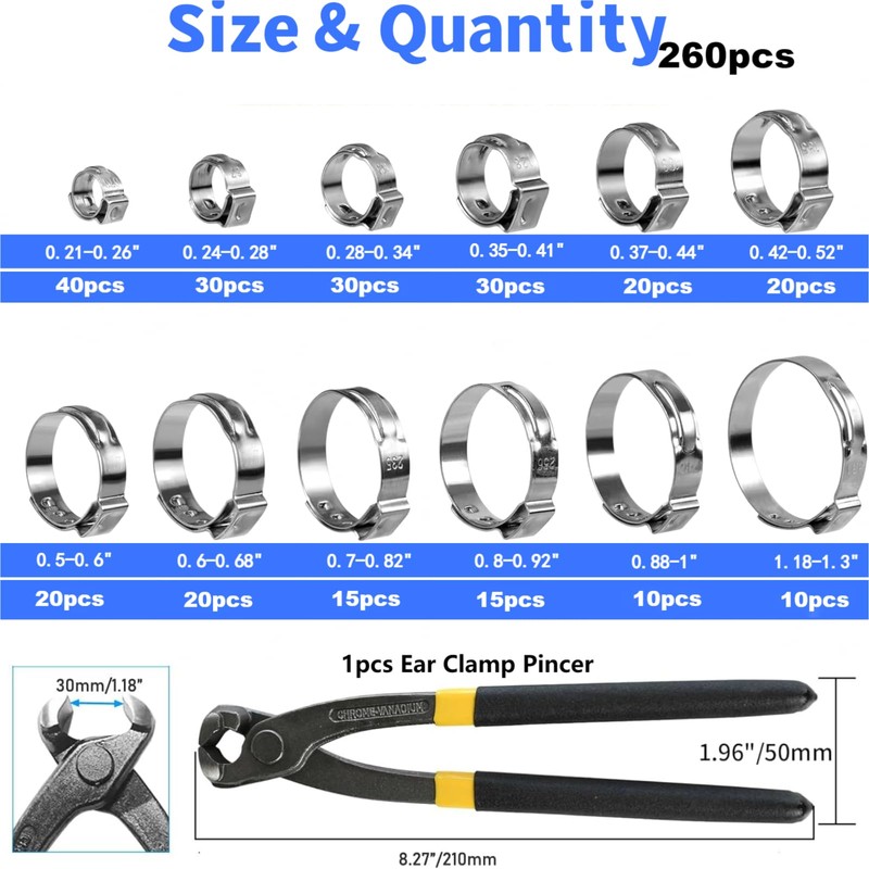 260 PCS 12 Sizes Single Ear Hose Clamps, 5.3-33.1mm 304