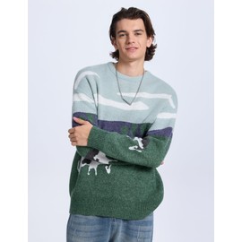 Kissonic Mens Vintage Oversized Sweater Cow Long Sleeve Crew Neck Knitted Grassland Pullover Jumper Unisex Tops(Grey-XS)