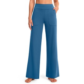AFITNE Wide Leg Pants for Women Yoga Dress Pants with Pockets, High Waist Stretch Loose Casual Lounge Work Sweatpants Blue M 30"