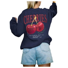 RoseSeek Women's Cherry Graphic Tees Crew Neck Long Sleeve T Shirts Casual Fall Tops Trendy Deep Blue Large