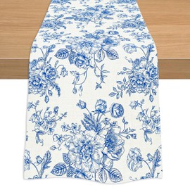 Linen Table Runner Vintage Monochrome Sketch Rose Table Runner Rustic Table Cover Kitchen Table Decoration Indoor Outdoor Home Decor Party Decoration (Blue, 30*120cm)