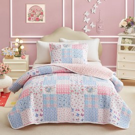 Joyreap Queen Size Quilt Set for Girls, Pink n Blue Floral Patchwork Design, 3 Pieces Soft n Cozy Microfiber Quilt, Bedspread Bed Cover for All Season- 90x90 inches