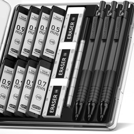 Four Candies Metal Mechanical Pencil Set, 3 Piece Artist Pencil 0.5mm & 0.7mm & 0.9mm with 480 HB Leads, 3 Erasers, 9 Eraser Refills Engineers Art Drawing Black