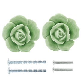 Bonsicoky 2 Pcs Green Rose Drawer Pulls, Ceramic Flower Knobs Decor Handles for Drawer, Cabinet, Dresser, Cupboard, Door
