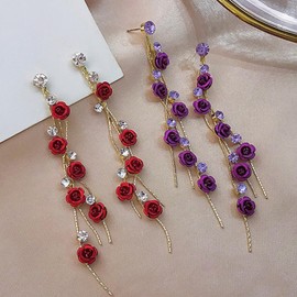 Rose Flower Drop Earrings Long Tassel Dangle Earrings Boho Floral Earring Flower Dangle Drop Stud Earrings Floral Petal Earrings Jewelry Bar Party Wedding for Women Girls
