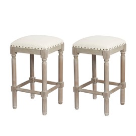 CangLong CangLong Linen Counter Height Bar Stools Nailhead Trim Backless Barstools Wooden Counter Stool for Kitchen Island Counter Bistro, Set of 2, Dark Brwon Finish, Beige