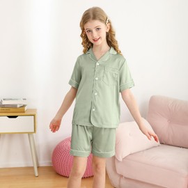 Miyanuby Girls Boys Pyjamas Set Button-up Silk Satin Pajamas Sleepwear Nightwear 2 Pieces Clothes Set Gifts for Baby Girls Boys