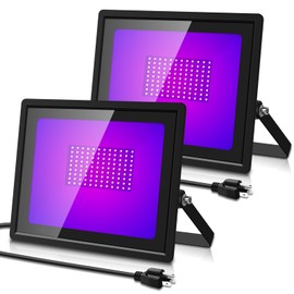 Ankishi 2 Pack Upgread 100W/50W/30W Black Light Adjustable Brightness Blacklight UV Lights with Plug and Switch Outdoor Purple Flood Light IP66 Waterproof for Glow Dance Party Poster -5ft Cable