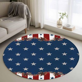 Country Star Farm Round Area Rug 4 FT, Non Slip Indoor Outdoor Rug, Red Blue Patriots Stripe American Flag Washable Soft Circular Carpet Non-Shedding Floor Mat for Coffee Table Nursery Foyer Balcony