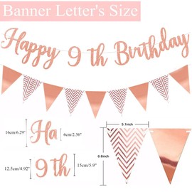 Elicola 9th Birthday Party Rose Gold Decorations Happy 9th Birthday Bunting Banner With 8PCS Hanging Swirls for Girls Birthday Anniversary Party Decor Supplies