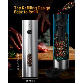 CIRCLE JOY Rechargeable Electric Salt and Pepper Grinder Set Automatic Stainless Steel Pepper Mill Grinders with Charging Base, Adjustable Coarseness, 110ml Container and Bright LED Light, Silver