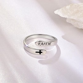ACJNA 925 Sterling Silver Faith Cross Adjustable Ring Engraved Jewelry Inspirational Gift for Daughter Teen Women Men