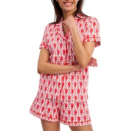 Oklihoe 2-Piece Monkey Pajamas Set for Women Button Down V Neck Summer Y2K Lounge Set for Beach Vacation Jammies Party Birthday Thanksgiving Gift(Red, X-Small)