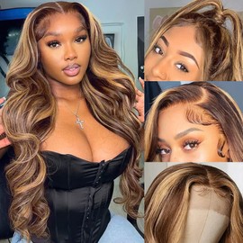 Hedy Highlight Wig Human Hair Wigs for Black Women Pre Plucked with Baby Hair 4/27 Glueless Body Wave Ombre Highlight 4x4 Lace Front Wigs Human Hair Colored 150% Density(20 Inch)