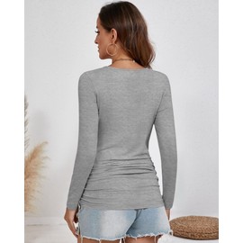 Ficerd 3 Pack Women's Maternity Shirts, Side Ruched Pregnancy Tee Tops Long Sleeve Basic Tunic Tshirt Casual Mama Clothes(Black, Light Gray, Army Green,X-Large)