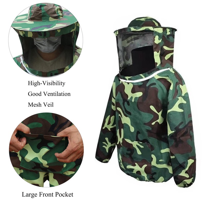 Beekeeping Clothes Jacket and Suit with Veil Hood, Front Zip,