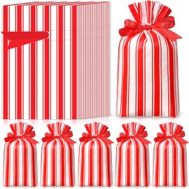 Bulyoou 50 Pcs Carnival Goodie Bags Circus Plastic Cellophane Bags Red White Stripe Snacks Drawstring Bag Carnival Popcorn Storage Bags for Circus Carnival Showman Party Favor