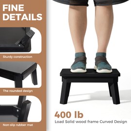 HOUCHICS Wooden Step Stool,One Step Stool for Adult Kids,Wood Bedside Step Stool for Kitchen,Bathroom,Bedroom(Black)