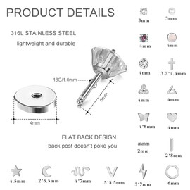 JeryWe 18 Pairs 18G Stainless Steel Stud Earrings Piercing for Women Cartilage Earrings Small Screw Flat Back Earrings Ear Piercing Set Cross Moon Star Tragus Helix Piercing Ear Gold, Stainless Steel