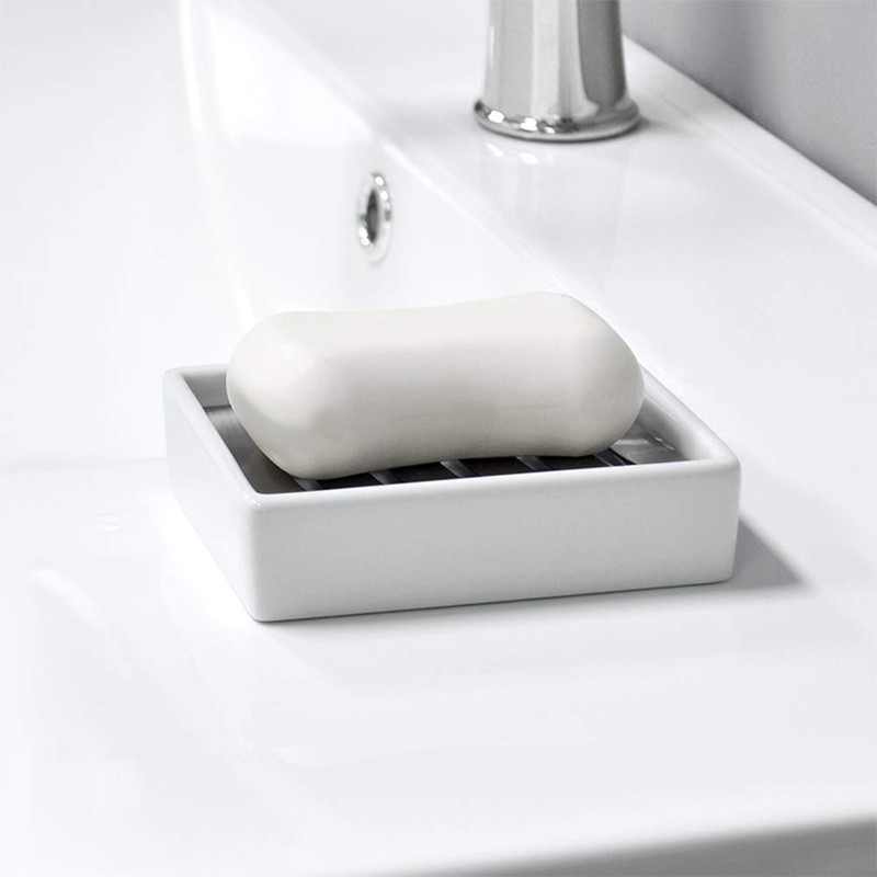 BUYGOO Soap Dish Tray, Ceramic Soap Dish, Stainless Steel Soap
