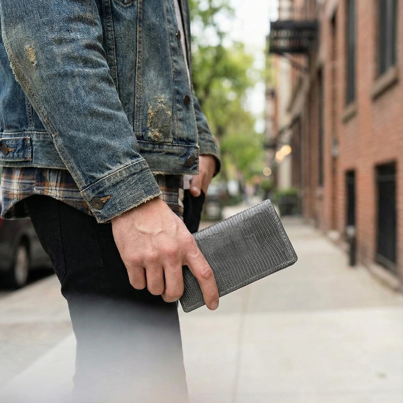 Genuine Tegu Lizard Checkbook Leather Rodeo Wallet (Gray)