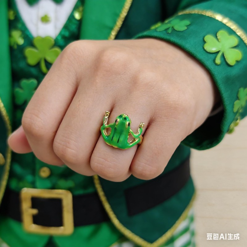 ALoveSoul St. Patrick's Day Frog Open Ring Adjustable Green Enamel