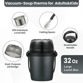Elipark Soup Thermo for Hot Food Adults & Kids 32oz Lunch Containers Wide Mouth, Insulated Food Jar 100% Leak-Proof Double-Layer Stainless Steel Lunch Box with Spoon BPA Free (Black)